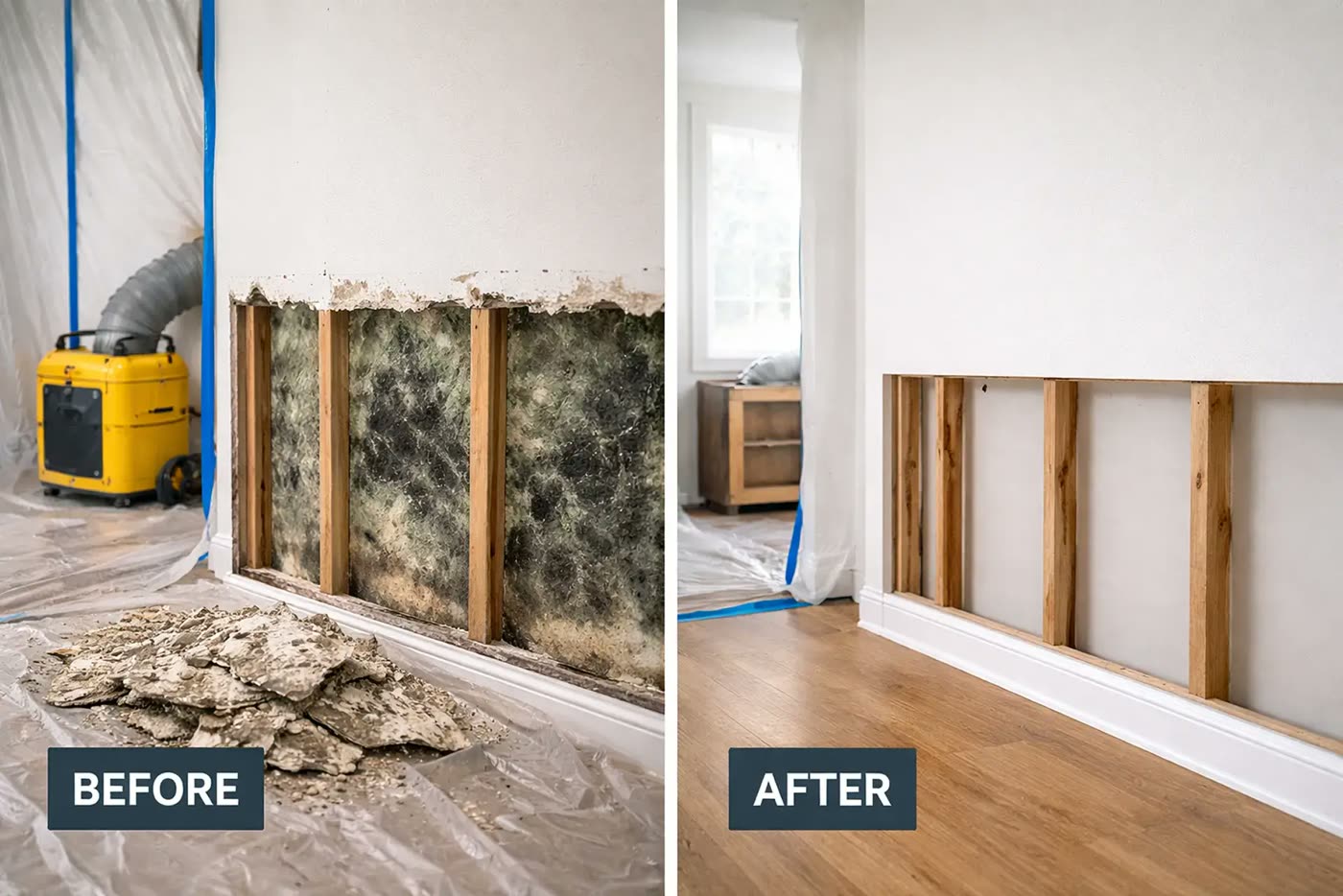 Illustrative before-and-after view of moisture-affected materials and a remediated space