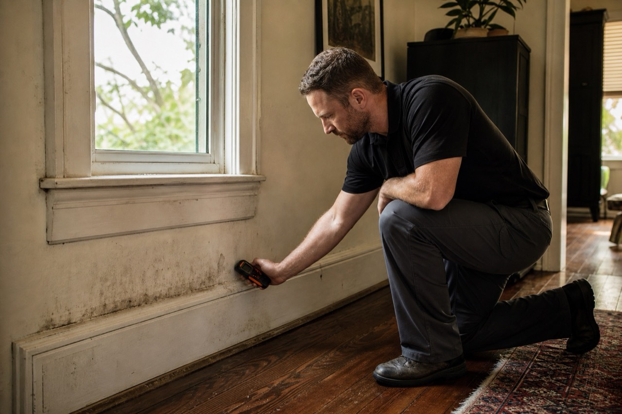 Technician checking moisture near the lower wall of a Savannah home